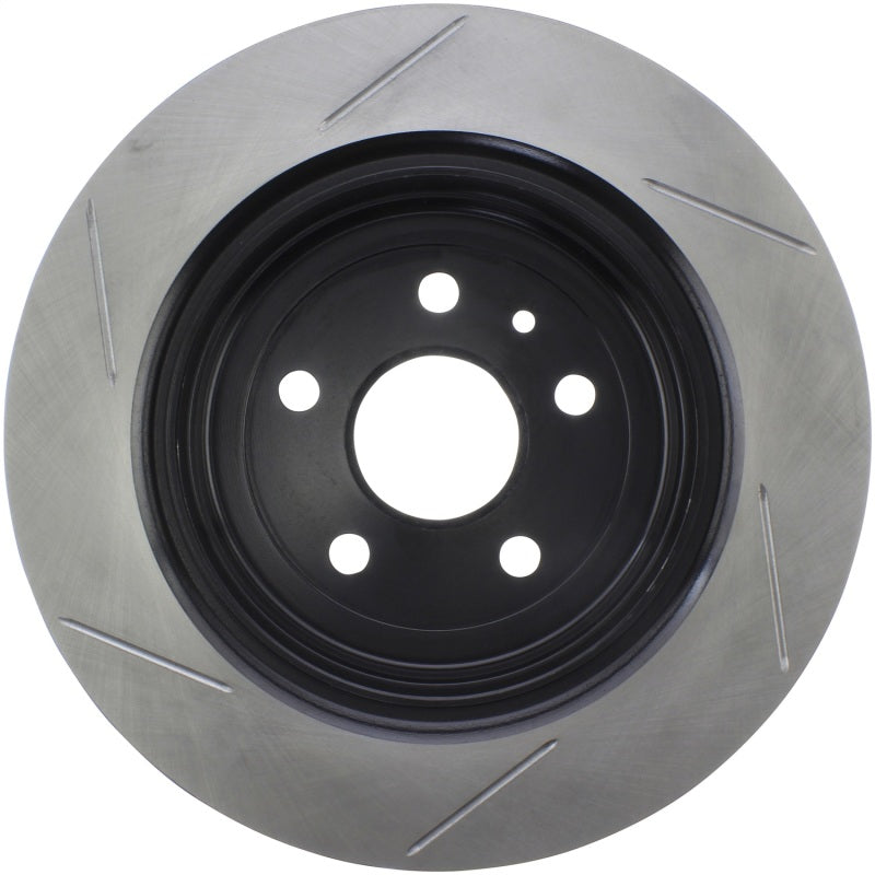 StopTech Sport slotted rear left brake rotor showing slotted surface and vented design for improved braking performance.