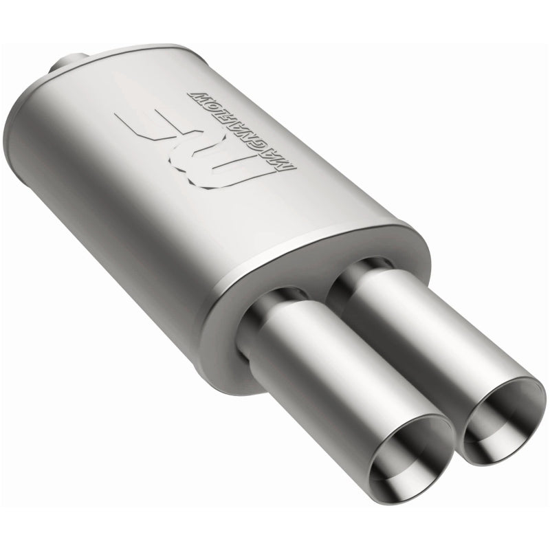 MagnaFlow stainless steel muffler with tip, 14x5x8 inches, featuring dual inlet and outlet pipes for car exhaust system.