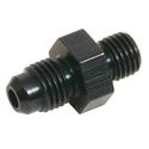 Black Fragola -4AN 12 Degree 1.25 Adapter fitting with angled design, used for hydraulic or fuel line connections.