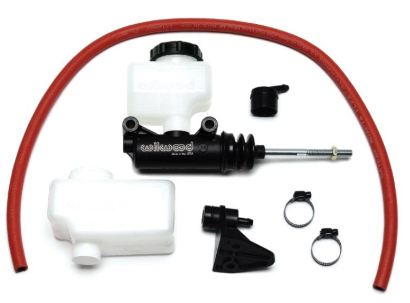 Wilwood short remote side mount brake master cylinder with 7/8 inch bore and 3/8 inch-24 banjo outlet, shown from side view.
