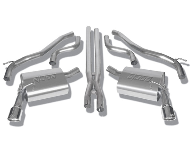Borla catback exhaust system for 2010-2013 Chevrolet Camaro 3.6L V6, touring style, shown in polished stainless steel.