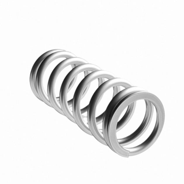QA1 high travel coilover spring, 2.5-inch ID, 10-inch length, silver powder-coated, rated 750 lbs/in for suspension use.