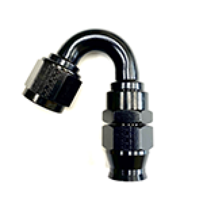 Fragola -6AN black street hose end fitting for PTFE hoses, featuring 150-degree angle and durable construction.