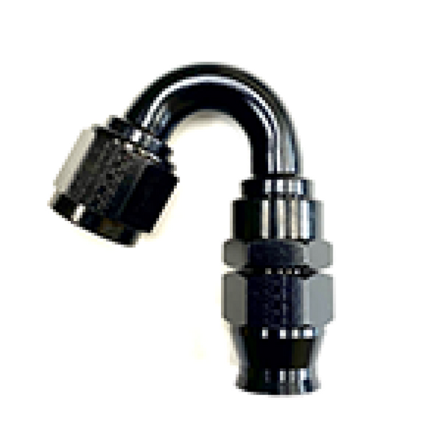 Fragola -6AN black street hose end fitting for PTFE hoses, featuring 150-degree angle and durable construction.