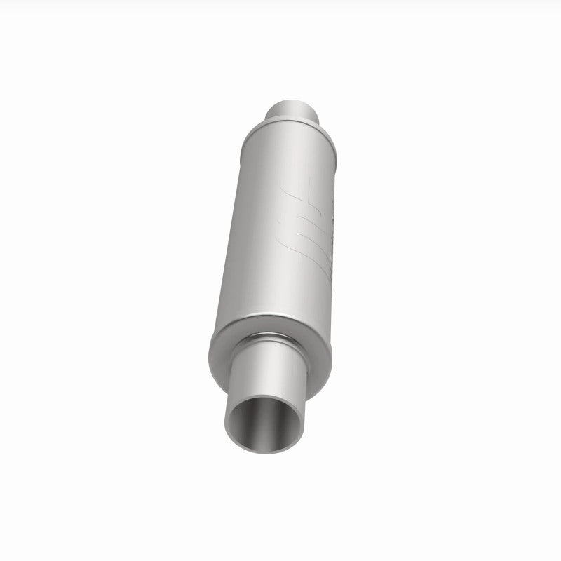MagnaFlow Mag SS muffler with 14x4x4 inch dimensions and dual 2.25-inch inlet and outlet, stainless steel construction, visible in the image.