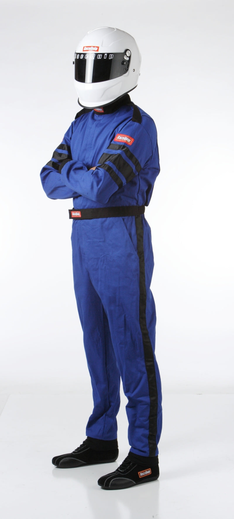 RaceQuip Blue SFI-1 1-L racing suit in large size, made for racing drivers, featuring durable fabric and safety features.