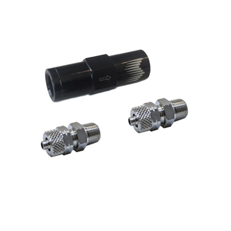 Snow Performance high flow 7 PSI crack pressure check valve with quick-connect fittings for 1/4 inch tubing.