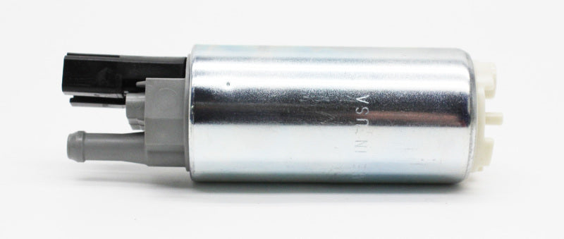 Walbro 350lph high pressure fuel pump with 11mm inlet, 180-degree outlet, shown in a close-up image.