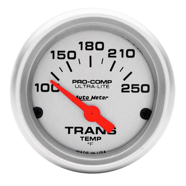 AutoMeter Ultra-Lite 52mm mechanical transmission temperature gauge with 100-250°F range, featuring a clear dial and black bezel.
