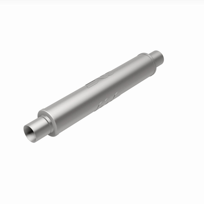 MagnaFlow Mag SS muffler with 22x4x4 inch dimensions and 2.5 inch inlet and outlet pipes, shown in a close-up view.