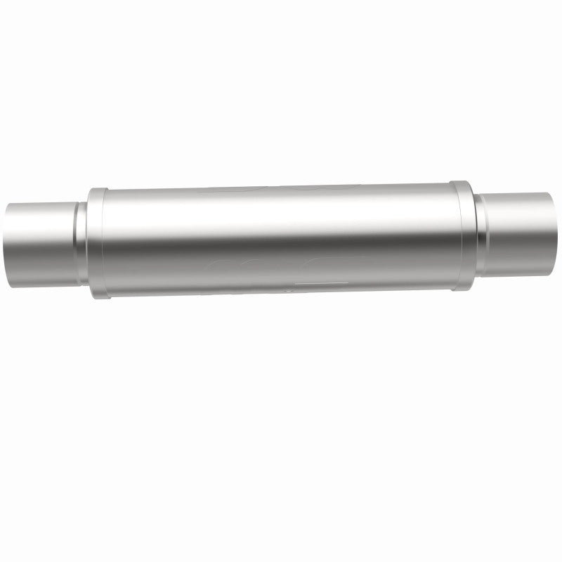 Magnaflow Mag SS 4x4x14 muffler installed on a vehicle, showcasing the stainless steel construction and compact design.