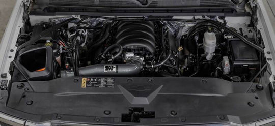 K&N Chevy/GMC 1500 V8 5.3L/6.2L NextGen aluminum cold air intake system installed in a vehicle engine bay