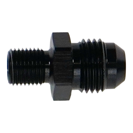 DeatschWerks 6AN male flare to M10 x 1.0 male metric fitting for fuel and oil lines, shown in close-up detail.