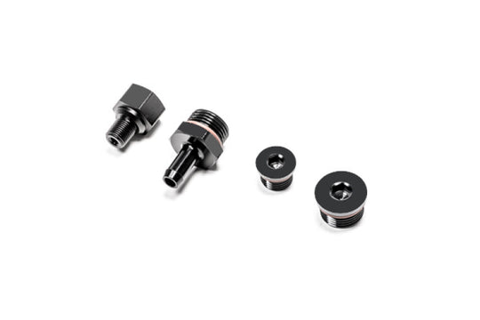 Radium Engineering VW/Audi EA888 fuel rail plumbing with port injection, showing polished metal fuel rail and injection ports