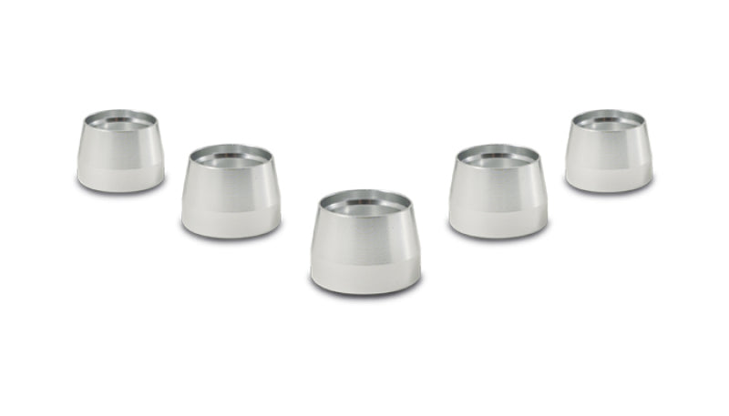 Vibrant -10AN PTFE hose olive inserts, 5-pack, metal fittings for fuel and fluid lines, shown in a close-up image.