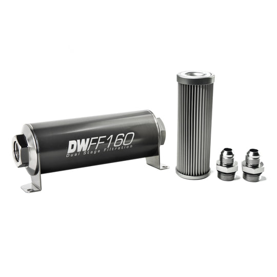DeatschWerks stainless steel 8AN inline fuel filter housing kit with 10 micron filtration, 160mm length, for automotive fuel systems.