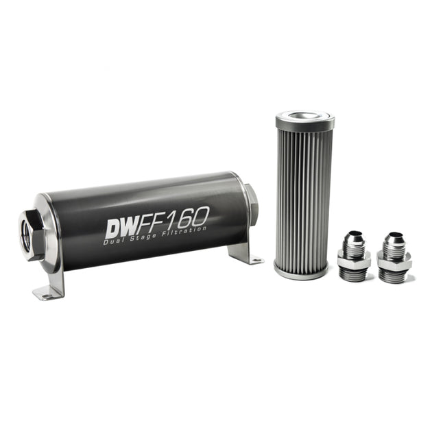 DeatschWerks stainless steel 8AN inline fuel filter housing kit with 10 micron filtration, 160mm length, for automotive fuel systems.