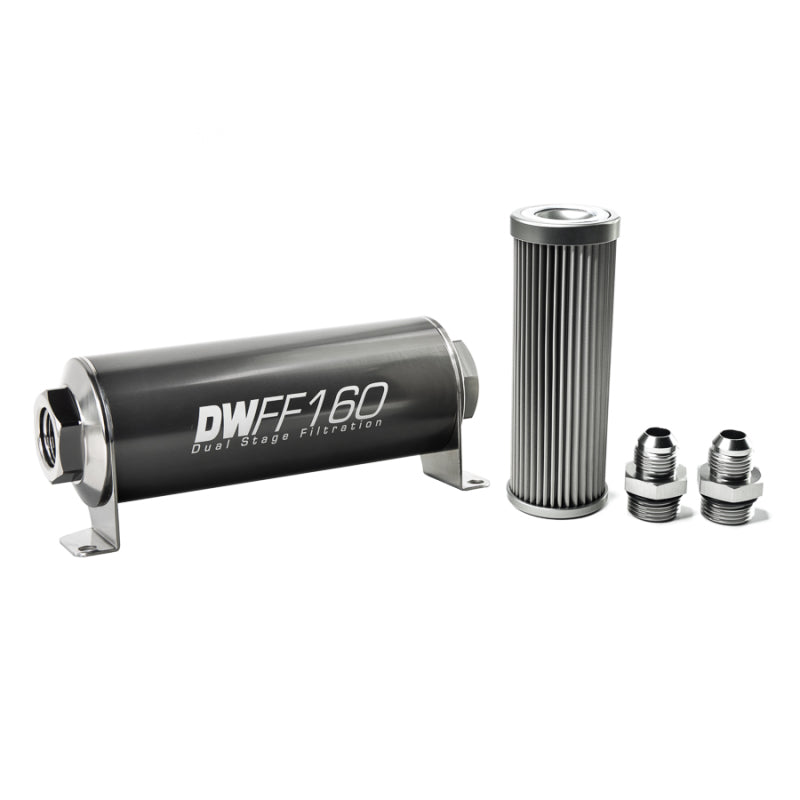DeatschWerks stainless steel 8AN inline fuel filter housing kit with 10 micron filtration, 160mm length, for automotive fuel systems.