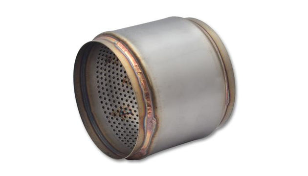 Vibrant SS Race Muffler with 5-inch inlet and outlet, 5-inch long, showcasing polished stainless steel construction.