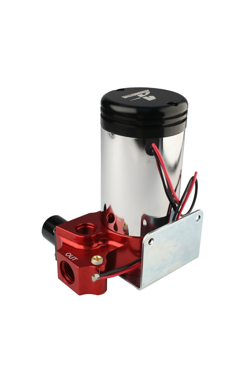 Aeromotive A2000 Drag Race Carbureted Fuel Pump showing metal body and fuel inlet fitting for high-performance racing applications.