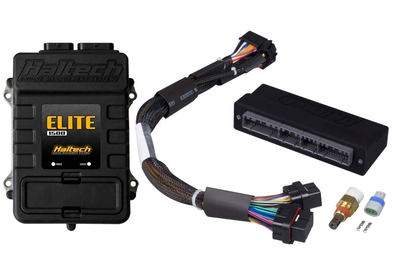 Haltech Elite 1500 adaptor harness ECU kit for programmers and tuners, featuring wiring and connection components.