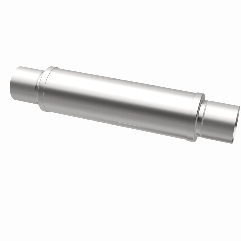 MagnaFlow MagnaFlow Mag SS 4X4X14 3 muffler showing the chrome finish and inlet and outlet pipes on a car exhaust system
