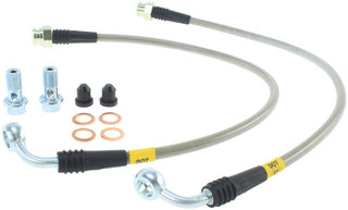 StopTech stainless steel front brake lines for 2014-2017 Chevrolet Corvette, durable brake line kit with high-performance fittings.