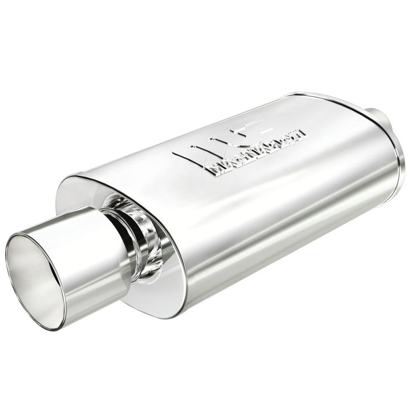 MagnaFlow muffler with tip, stainless steel, 14x5x8 inches, 2.25/4 inlet and outlet, automotive exhaust part.