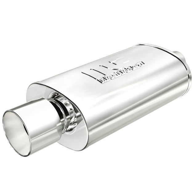 MagnaFlow muffler with tip, stainless steel, 14x5x8 inches, 2.25/4 inlet and outlet, automotive exhaust part.