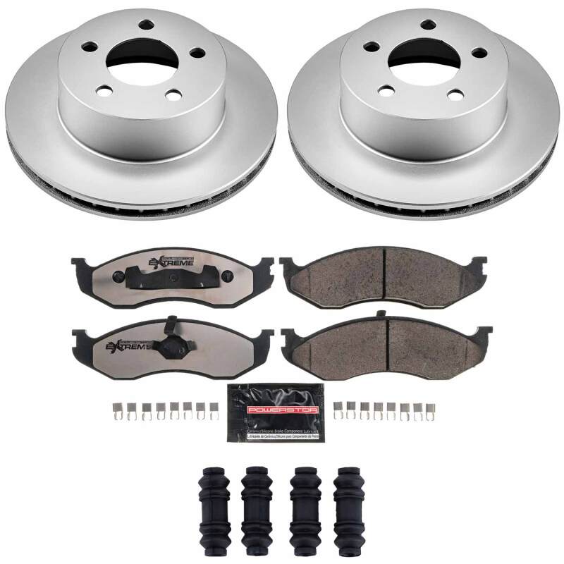 PowerStop Z36 coated brake kit for 1990-1999 Jeep Cherokee front truck and tow brakes, including rotors and calipers.