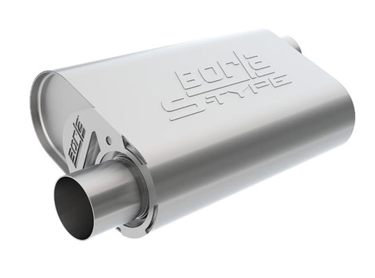 Borla CrateMuffler LS3 S-Type oval muffler with 2.50-inch offset/offset inlet and outlet, measuring 14x4.35x9 inches.