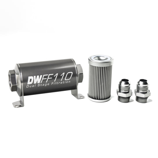 DeatschWerks stainless steel 10AN inline fuel filter housing kit with 10-micron filter, 110mm size for automotive fuel systems.