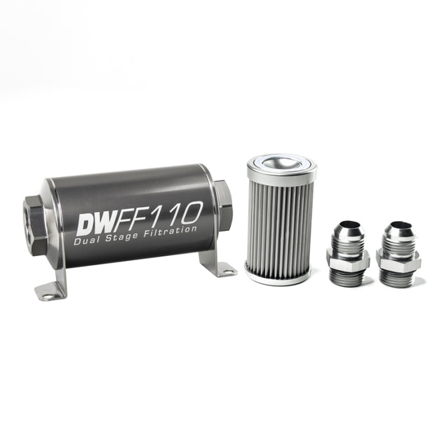 DeatschWerks stainless steel 10AN inline fuel filter housing kit with 10-micron filter, 110mm size for automotive fuel systems.