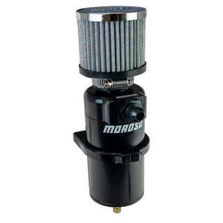 Black Moroso single inlet -8AN billet oil catch can with breather tank for automotive engine ventilation system.