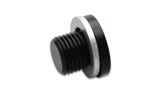 Vibrant M18 x 1.5 metric aluminum port plug with crush washer for fittings, shown in close-up view.