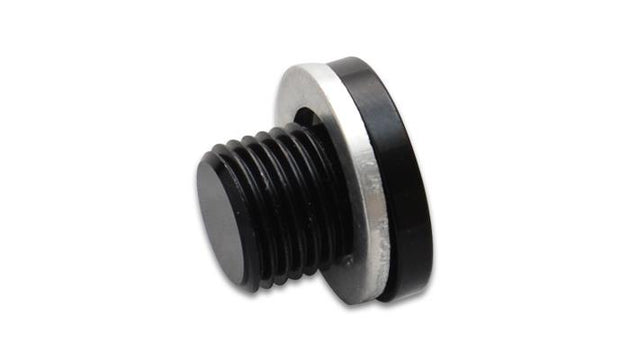 Vibrant M18 x 1.5 metric aluminum port plug with crush washer for fittings, shown in close-up view.