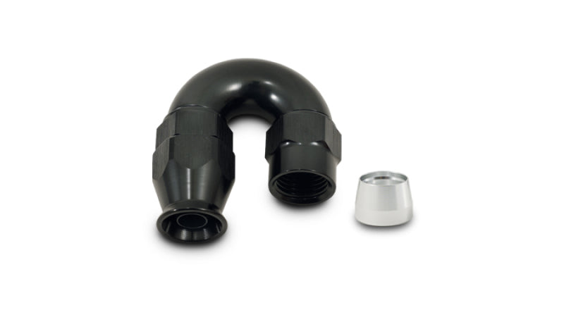 Vibrant -10AN 180-degree hose end fitting for PTFE lined hoses, showing a metal fitting with a 180-degree bend