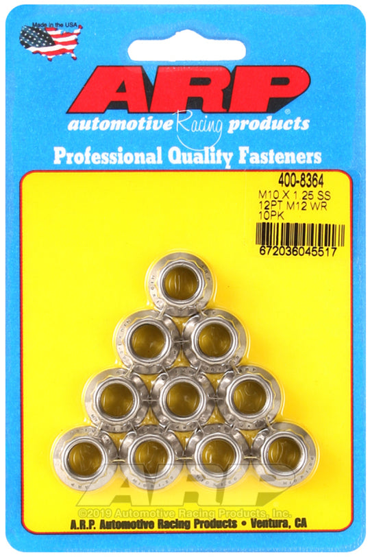 ARP M10 x 1.25 stainless steel 12-point nut kit, 10-piece set, showing shiny metallic nuts for automotive or machinery use.