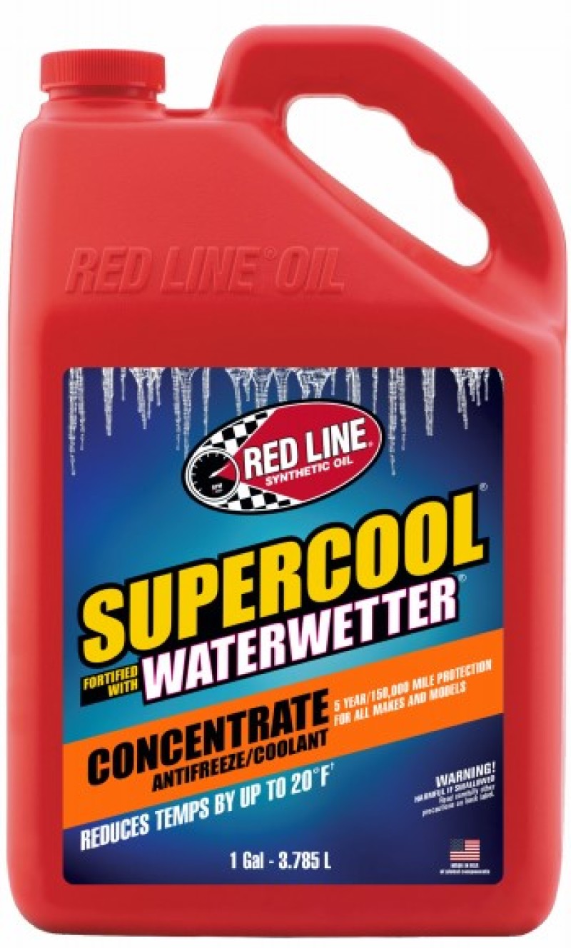 Red Line Supercool Coolant Concentrate gallon container, automotive coolant for engine cooling and temperature regulation.