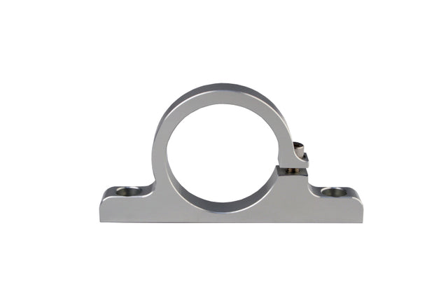 Aeromotive billet filter bracket for fuel filters 12301 and 12304, made of durable metal, mounts securely for automotive fuel systems.