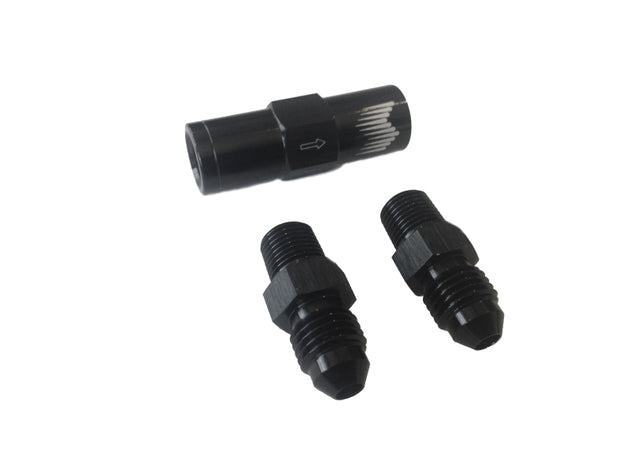 Snow Performance High Flow 4AN water check valve fittings for SS braided line kit, showing metal fittings connected to 4AN hoses.