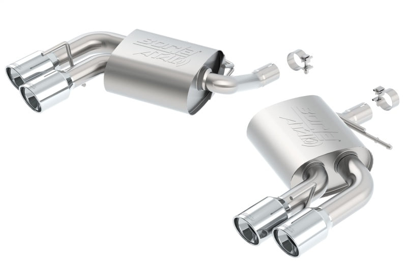 Borla axle back exhaust system for 2016 Chevy Camaro V6, rear section with polished metal tips and custom fit design.