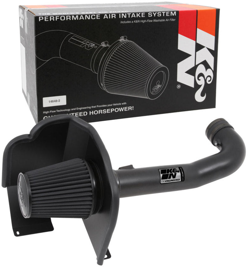 K&N 71 Series Performance Intake Kit for Chevrolet Silverado, GMC Sierra 2014-2015, featuring a cold air intake with branded filter and tubing.
