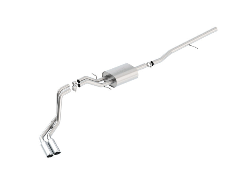 Borla S-Type cat-back exhaust system for 2014 Sierra 1500 extended cab with short bed and side exit exhaust, showcasing polished tips.