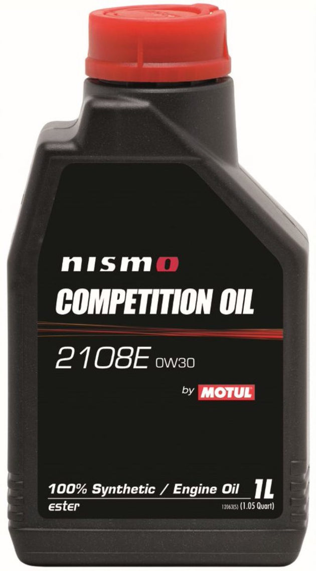 Motul Nismo Competition Oil 2108E 0W30 1L bottle, high-performance motor oil for racing and engine protection