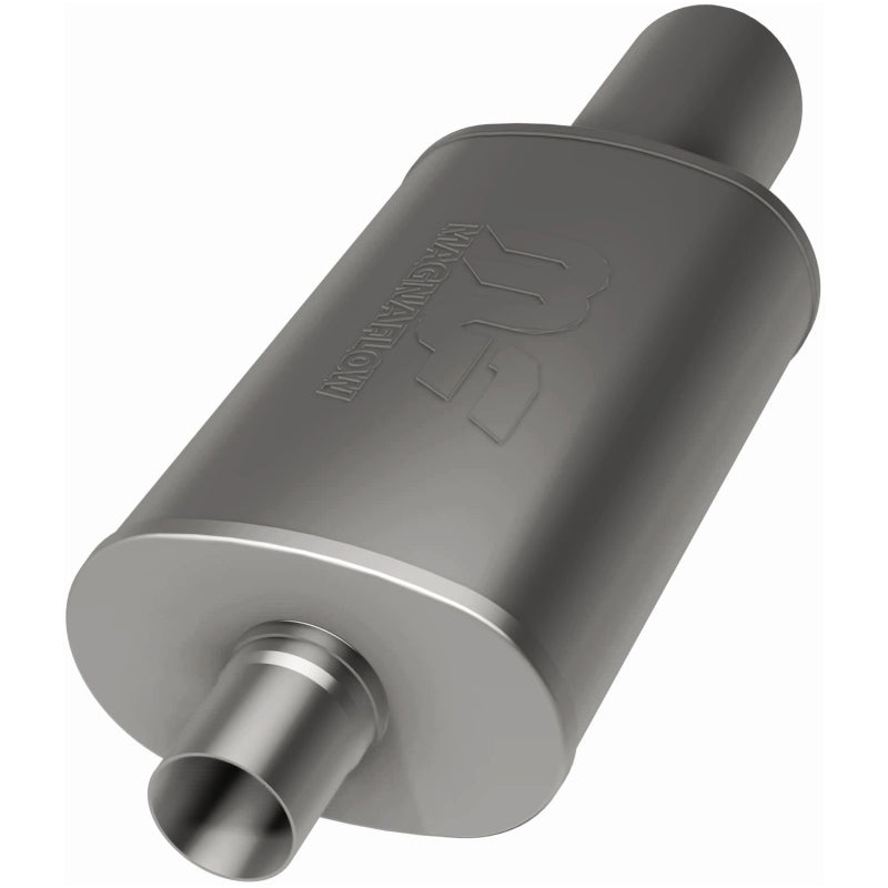 MagnaFlow stainless steel muffler with tip, 14x5x8 inches, featuring dual outlet, automotive exhaust part.