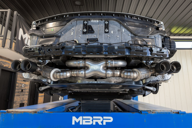 MBRP 3-inch active cat back quad split rear exhaust system for Chevrolet Corvette C8 2020-2024, with AFM sim adapters.