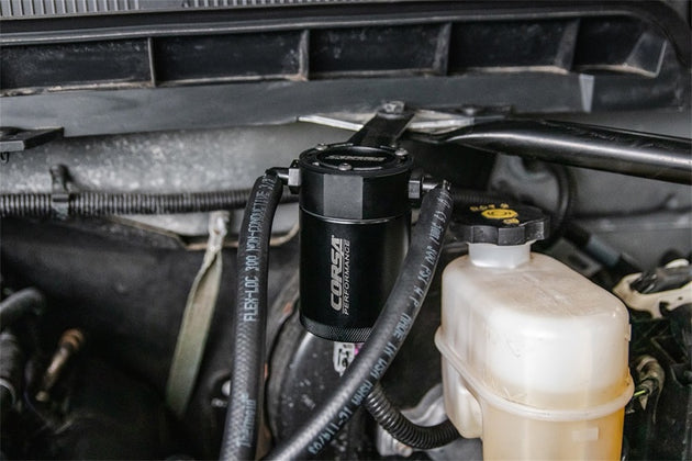 CORSA Performance oil catch can for 2014-2019 GM Silverado, Sierra, Tahoe, Yukon, Suburban, Escalade with 5.3L V8 engine.