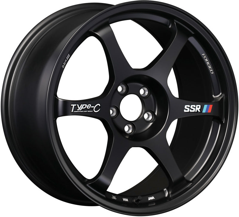 SSR Type-C forged black 18x9.5 inch wheel with +38 offset and 5x114.3 bolt pattern, shown in a sleek, high-performance design