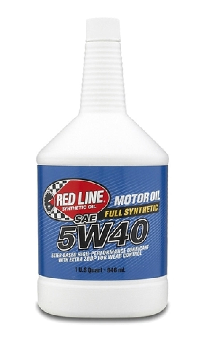 Red Line 5W40 motor oil quart bottle with red and black label and cap, designed for automotive engine lubrication.